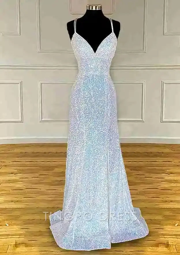 TingPo Wholesale Elegant Sheath/Column V Neck Spaghetti Straps Sweep Train Sequined Prom Dress With Pleated